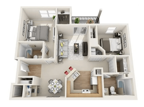 Floor plan for 2 beds, 2 baths, 954 sqft